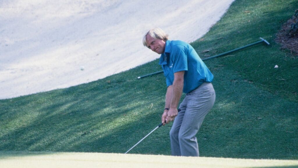 04/09/1987; Augusta, Georgia, USA; Greg Norman chips up onto green at the Augusta National Golf Course during the 1987 Masters.