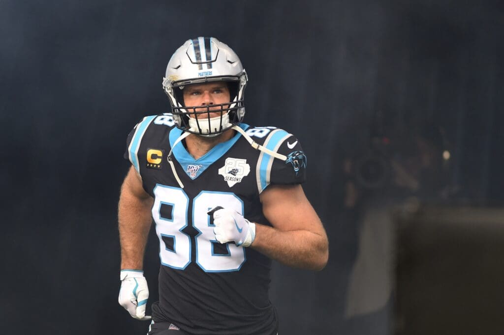 Dec 1, 2019; Charlotte, NC, USA; Carolina Panthers tight end Greg Olsen (88) runs on to the field before the game at Bank of America Stadium.