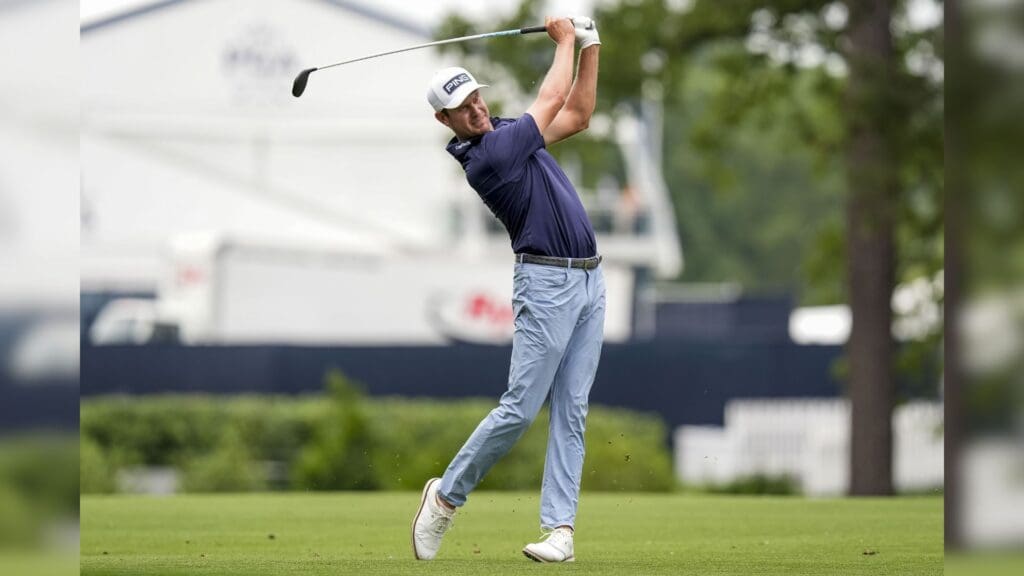 May 16, 2025; Charlotte, North Carolina, USA; Harris English hits his second shot on the tenth hole during the second round of the PGA Championship golf tournament at Quail Hollow.