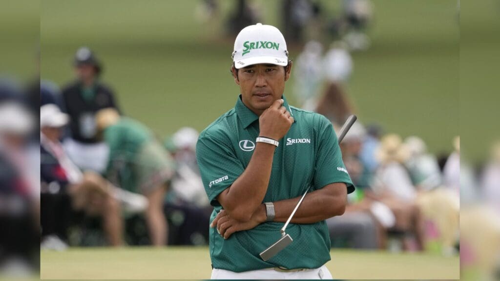 Apr 12, 2025; Augusta, Georgia, USA; Hideki Matsuyama looks on the ninth green during the third round of the Masters Tournament at Augusta National Golf Club.