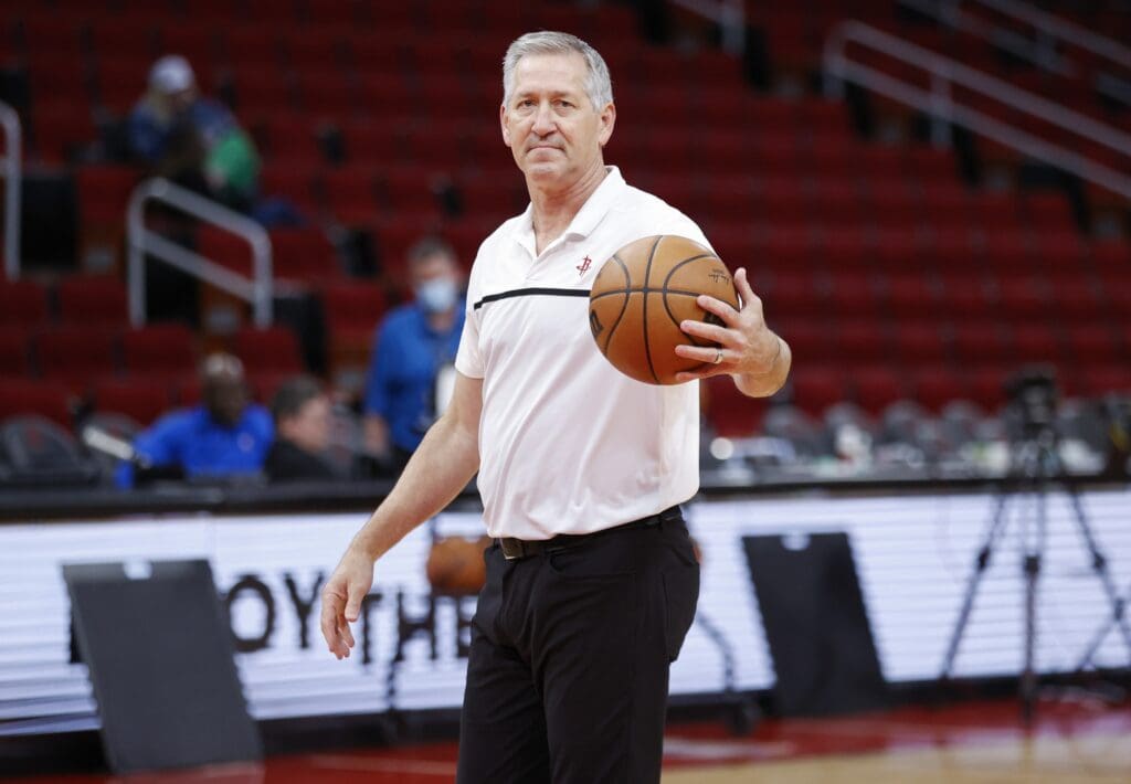 Apr 3, 2022; Houston, Texas, USA; Houston Rockets assistant coach Jeff Hornacek on the court before the game against the Minnesota Timberwolves at Toyota Center.