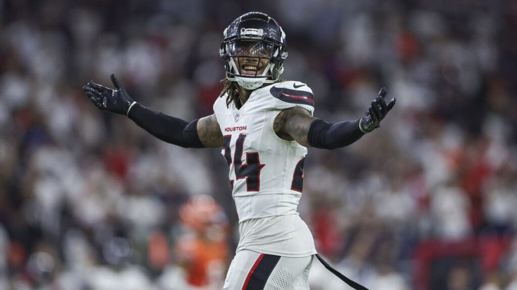Sep 15, 2024; Houston, Texas, USA; Houston Texans cornerback Derek Stingley Jr. (24) reacts after a play during the fourth quarter against the Chicago Bears at NRG Stadium.
