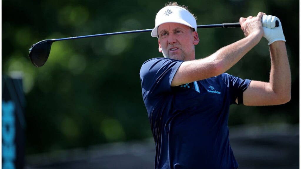 Jun 7, 2024; Houston, Texas, USA; Ian Poulter of Majesticks Golf Club hits a tee shot on the first hole during the first round of the LIV Golf Houston golf tournament at Golf Club of Houston.