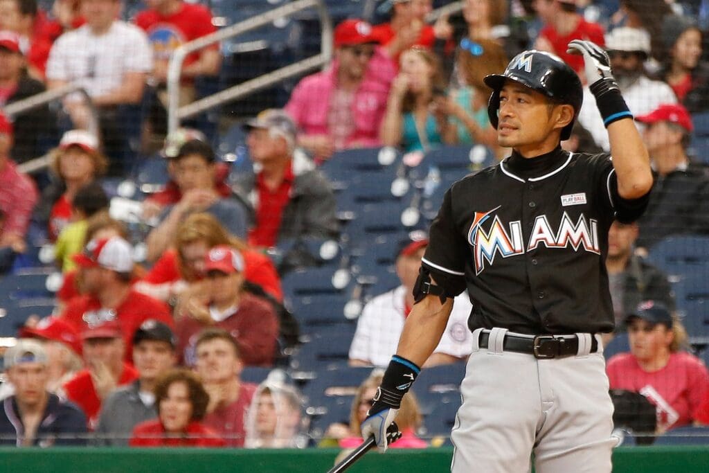 May 14, 2016; Washington, DC, USA; Miami Marlins right fielder Ichiro Suzuki (51) bats against the Washington Nationals at Nationals Park.