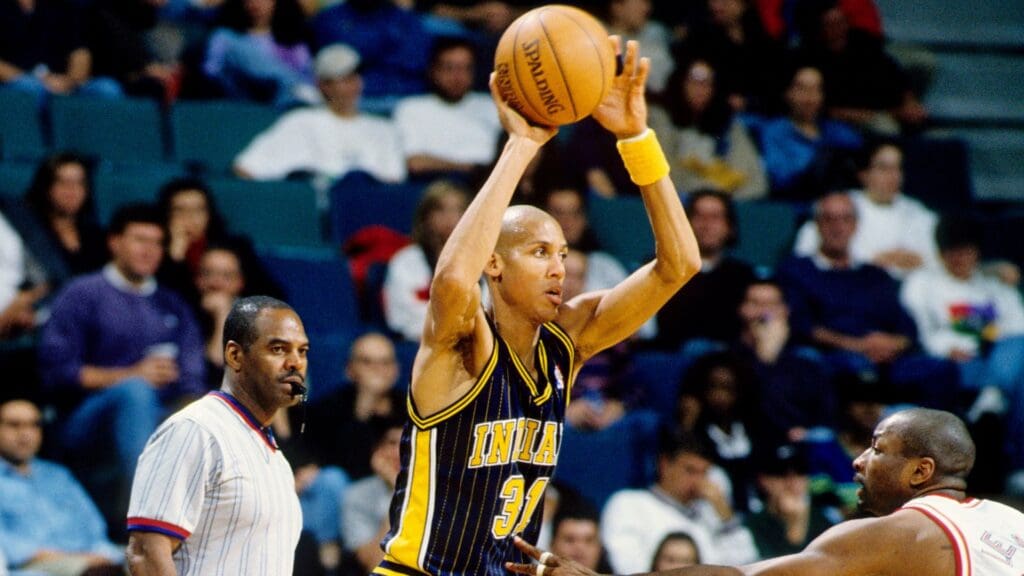 Unknown date, 1998; Miami, FL; USA; FILE PHOTO; Indiana Pacers guard Reggie Miller (31) in action against the Miami Heat at the Miami Arena.