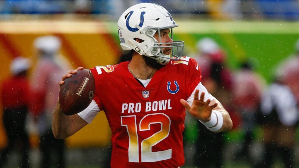 Jan 27, 2019; Orlando, FL, USA;Indianapolis Colts quarterback Andrew Luck (12) throws a pass during the second quarter of the NFL Pro Bowl football game at Camping World Stadium.