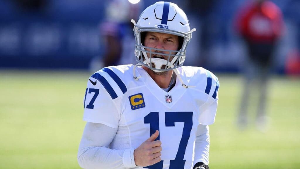 Jan 9, 2021; Orchard Park, New York, USA; Indianapolis Colts quarterback Philip Rivers (17) before playing against the Buffalo Bills in the AFC Wild Card game at Bills Stadium.