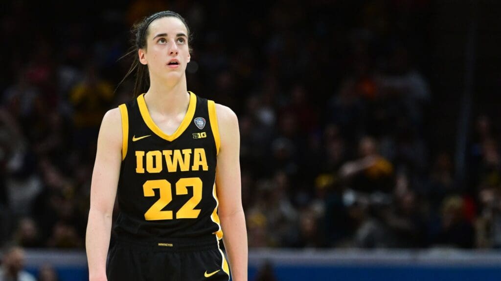 Apr 7, 2024; Cleveland, OH, USA; Iowa Hawkeyes guard Caitlin Clark (22) against the South Carolina Gamecocks in the finals of the Final Four of the womens 2024 NCAA Tournament at Rocket Mortgage FieldHouse
