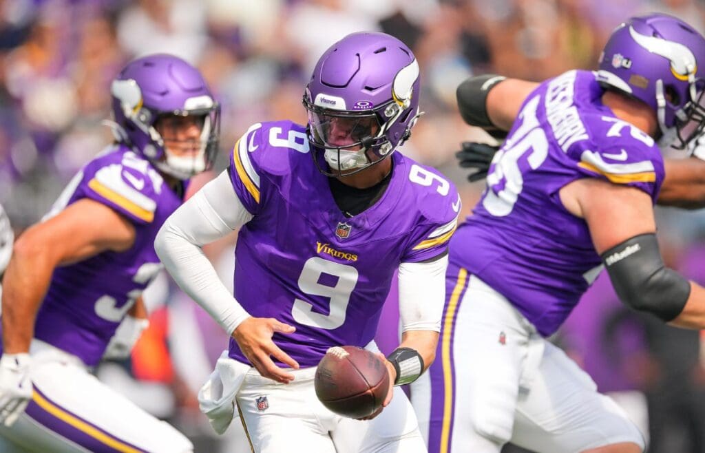 Aug 10, 2024; Minneapolis, Minnesota, USA; Minnesota Vikings quarterback J.J. McCarthy (9) against the Las Vegas Raiders in the second quarter at U.S. Bank Stadium.