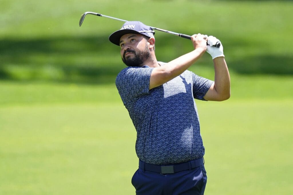 May 17, 2025; Charlotte, North Carolina, USA; J.J. Spaun takes a shot on the second hole during the third round of the PGA Championship golf tournament at Quail Hollow.