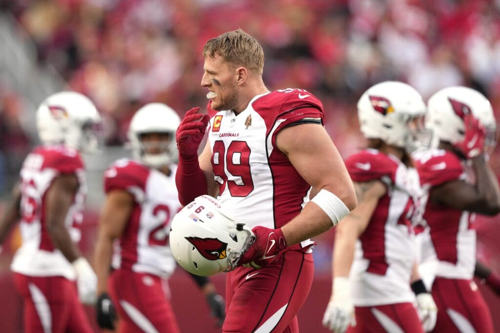 Jan 8, 2023; Santa Clara, California, USA; Arizona Cardinals defensive end J.J. Watt (99) walks to the sideline during the fourth quarter against the San Francisco 49ers at Levi's Stadium. Mandatory Credit: Darren Yamashita-USA TODAY Sports