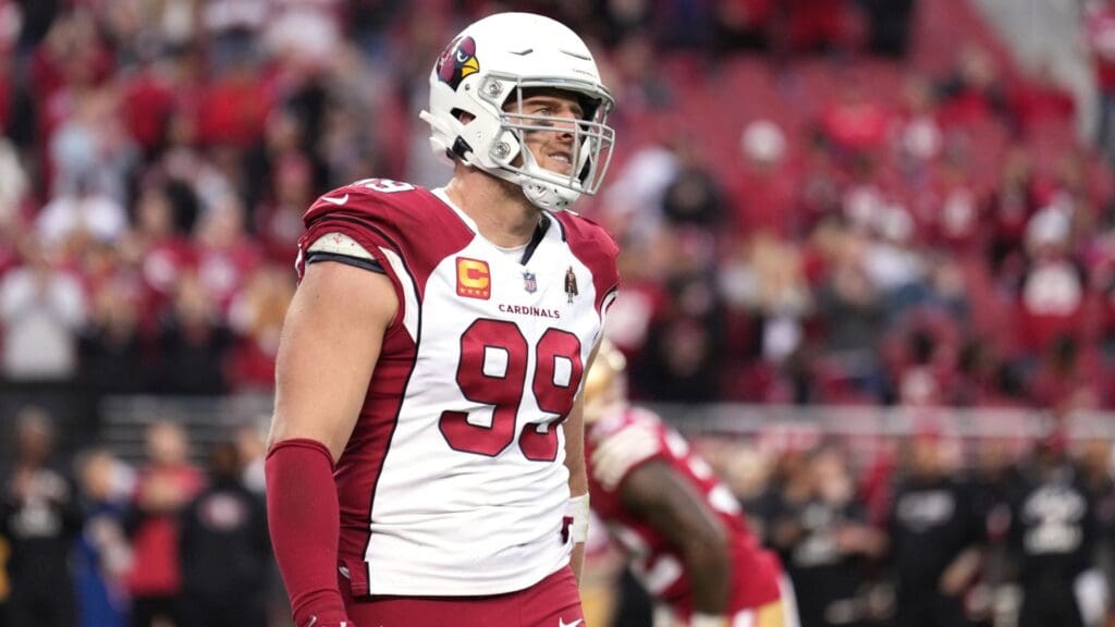 Jan 8, 2023; Santa Clara, California, USA; Arizona Cardinals defensive end J.J. Watt (99) walks to the bench after being removed from the game during the fourth quarter against the San Francisco 49ers at Levi's Stadium. Mandatory Credit: Darren Yamashita-Imagn Images