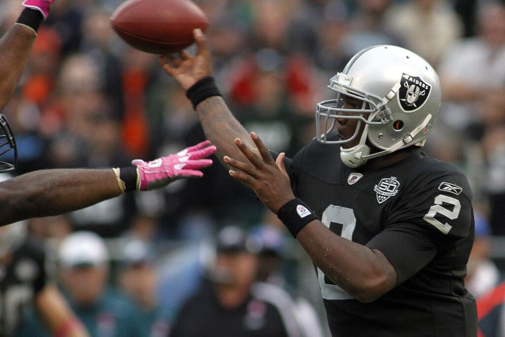 October 18, 2009; Oakland, CA, USA; Oakland Raiders quarterback JaMarcus Russell (2) throws a pass against the Philadelphia Eagles in the fourth quarter at Oakland-Alameda County Coliseum. The Raiders defeated the Eagles 13-9.