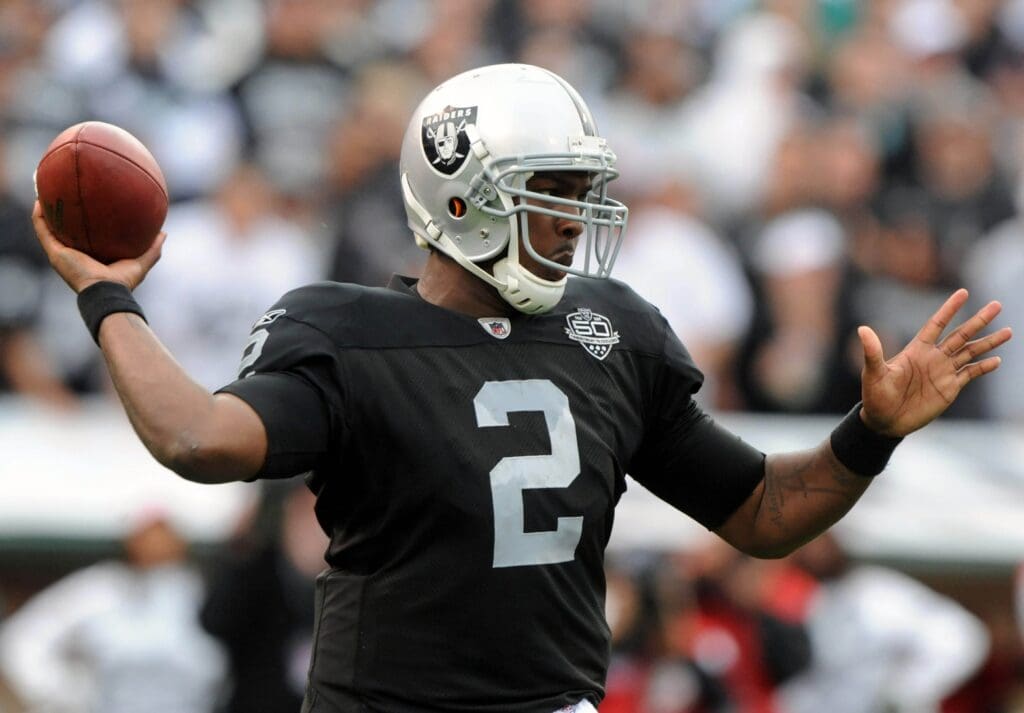 Oct 18, 2009; Oakland, CA, USA; Oakland Raiders quarterback JaMarcus Russell (2) throws a pass during the Raiders' 13-9 victory against the Philadelphia Eagles at the Oakland-Alameda County Coliseum.
