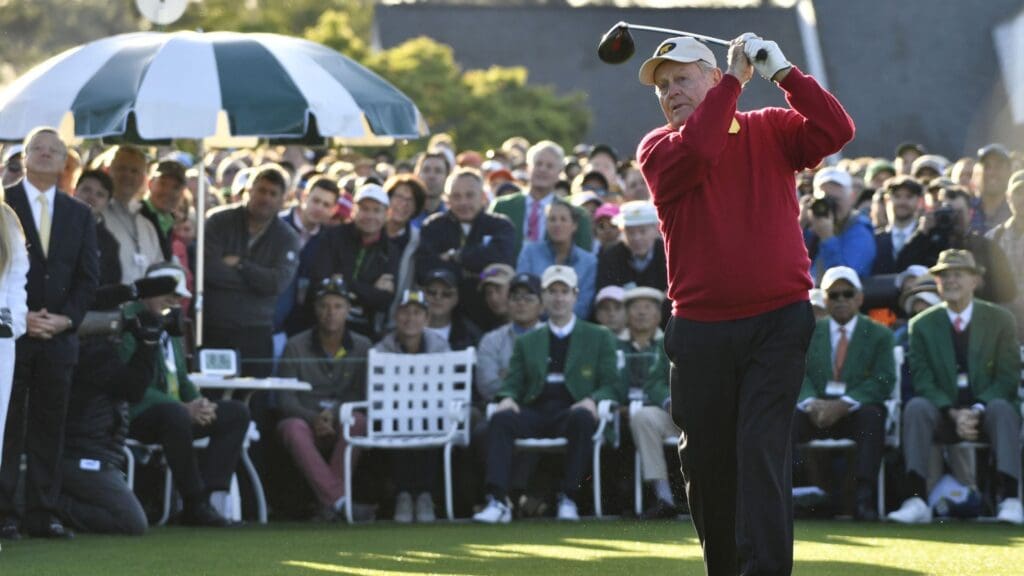 Apr 5, 2018; Augusta, GA, USA; Jack Nicklaus hits his ceremonial tee shot on the 1st hole during the first round of the Masters golf tournament at Augusta National GC.