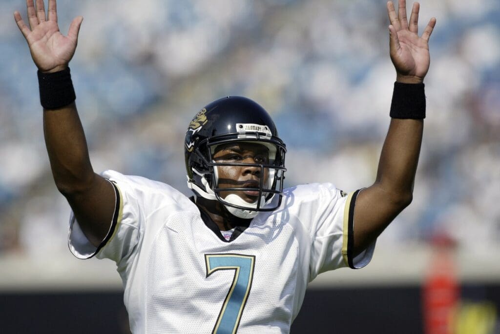 Sep 14, 2003; Jacksonville, FL, USA; Jacksonville Jaguars quarterback (7) Byron Leftwich celebrates his first career touchdown pass against the Buffalo Bills at Alltel Stadium.