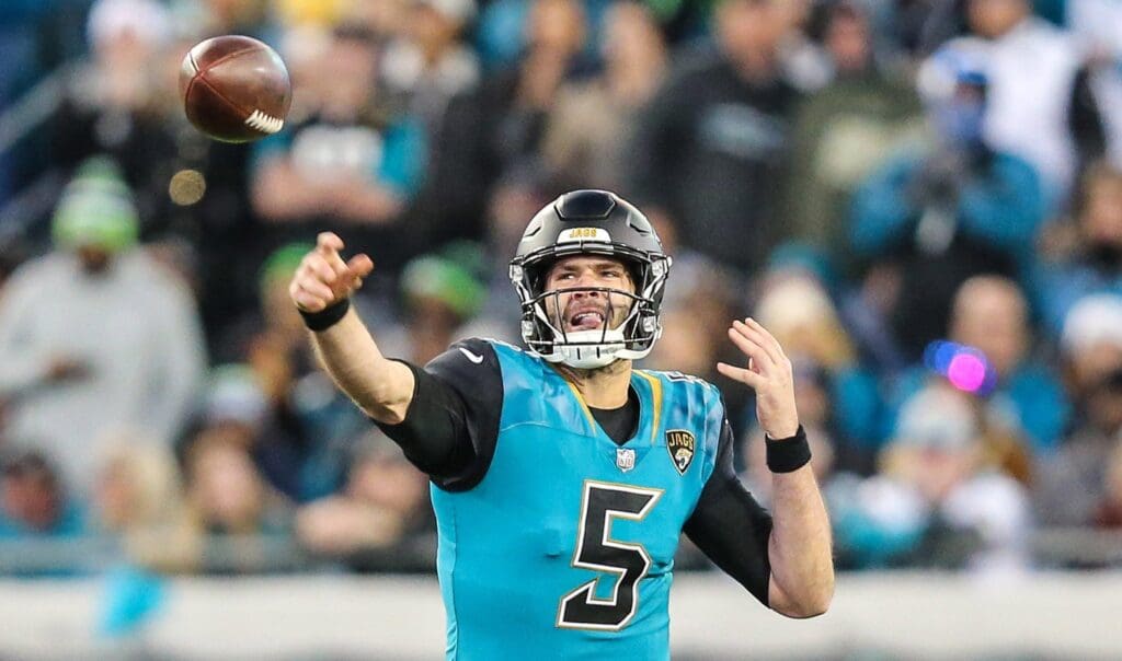 Jacksonville Jaguars quarterback Blake Bortles (5) throws a pass during the first half of an NFL football game against the Seattle Seahawks at EverBank Field in Jacksonville, Fla., Sunday, Dec. 10, 2017.