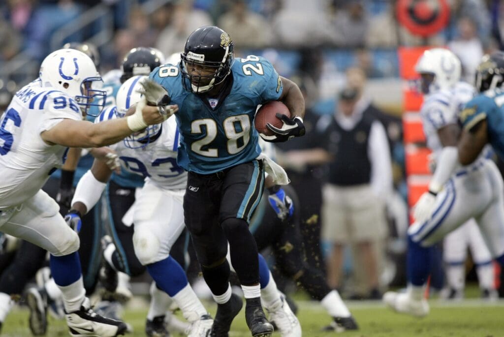 Nov 9, 2003; Jacksonville, FL, USA; FILE PHOTO; Jacksonville Jaguars runningback (28) Fred Taylor in action against the Indianapolis Colts.