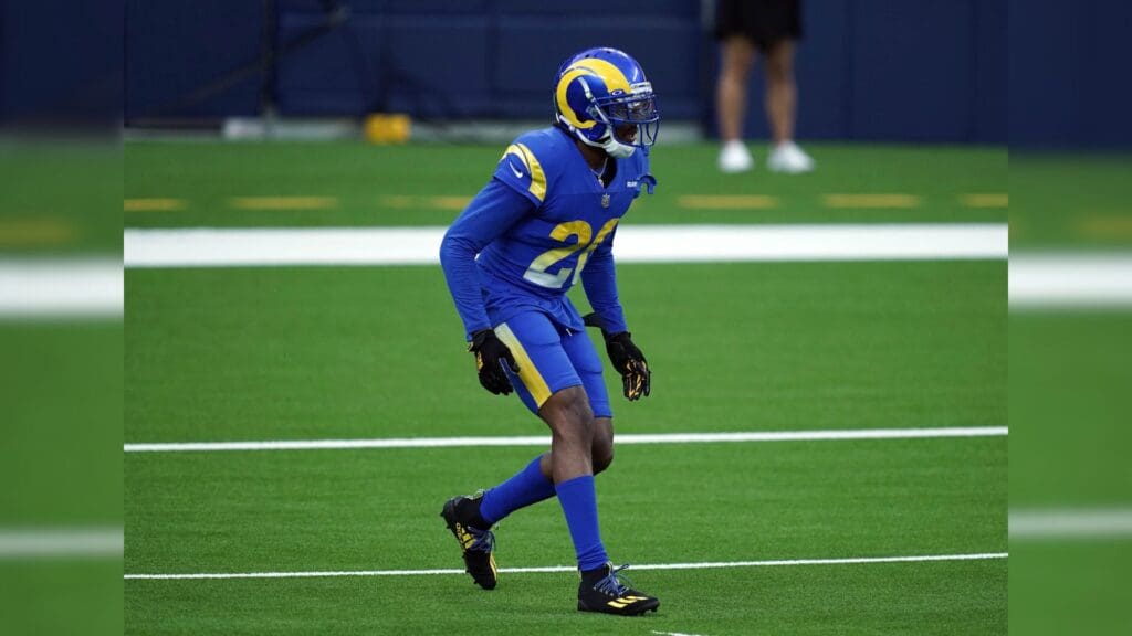 Aug 22, 2020; Inglewood California, USA; Los Angeles Rams cornerback Jalen Ramsey (20) during a scrimmage at SoFi Stadium.