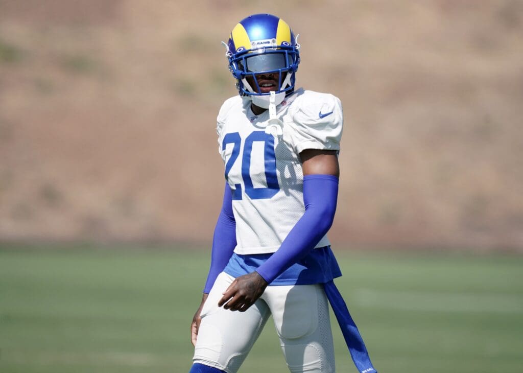 Sep 2, 2020; Thousand Oaks, California, USA; Los Angeles Rams cornerback Jalen Ramsey (20) during training camp at Cal Lutheran University.