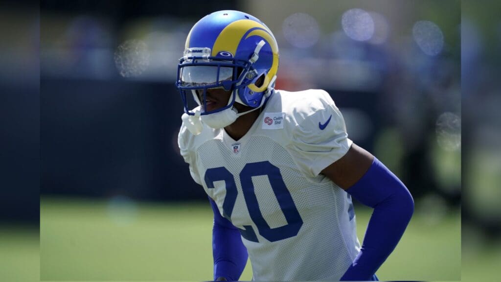 Sep 2, 2020; Thousand Oaks, California, USA; Los Angeles Rams cornerback Jalen Ramsey (20) during training camp at Cal Lutheran University.