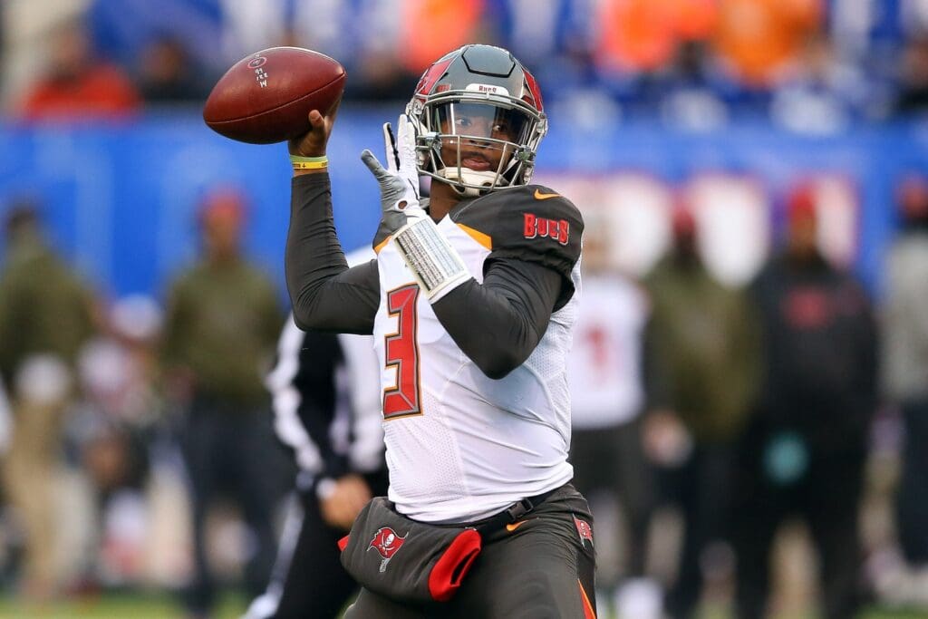 Nov 18, 2018; East Rutherford, NJ, USA; Tampa Bay Buccaneers quarterback Jameis Winston (3) drops back to pass during the second half against the New York Giants at MetLife Stadium.