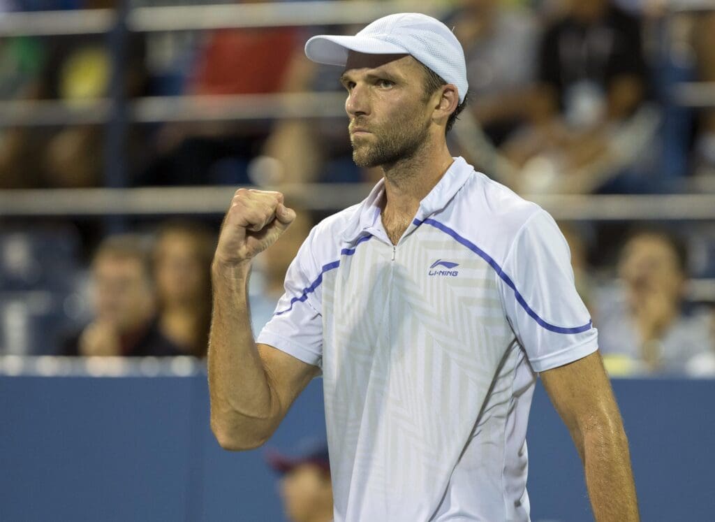 Aug 28, 2013; New York, NY, USA; Ivo Karlovic (CRO) reacts in his match against James Blake (USA) on day three of the 2013 US Open at the Billie Jean King National Tennis Center. Mandatory Credit: Susan Mullane-USA TODAY Sports