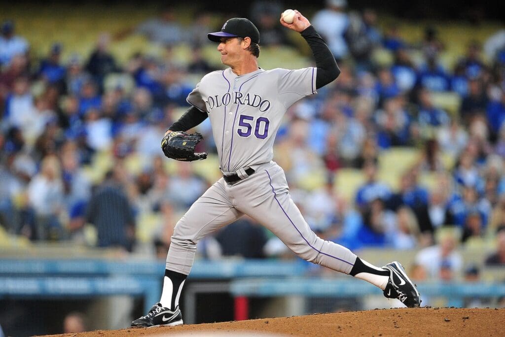 May 11, 2012; Los Angeles, CA, USA; Colorado Rockies starting pitcher Jamie Moyer (50) pitches in the first inning against the Los Angeles Dodgers at Dodger Stadium.