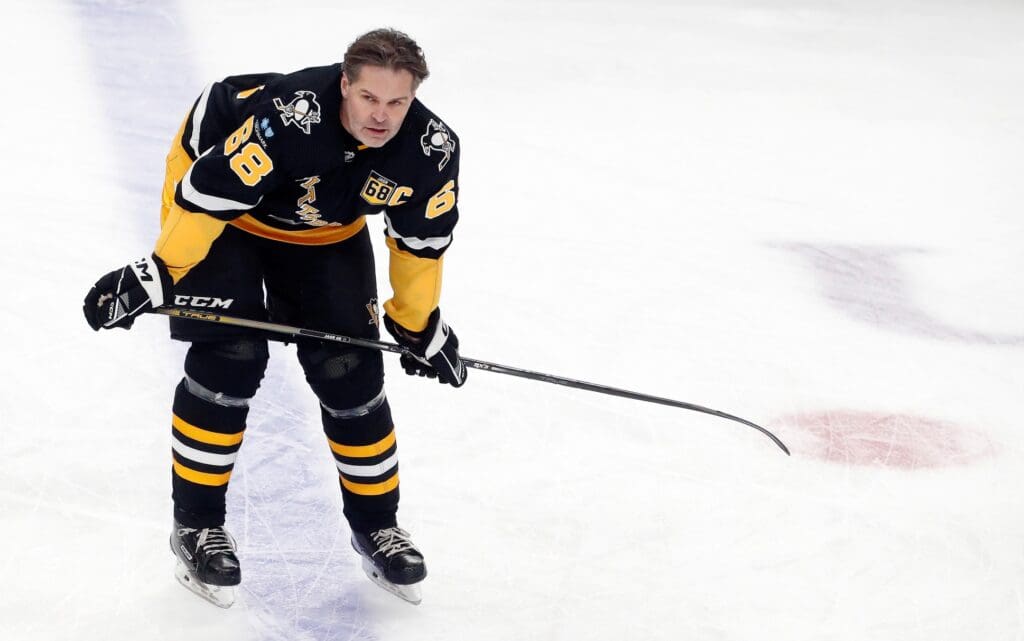 Feb 18, 2024; Pittsburgh, Pennsylvania, USA; Pittsburgh Penguins former right wing Jaromir Jagr (68) skates in warm-ups against the Los Angeles Kings at PPG Paints Arena.
