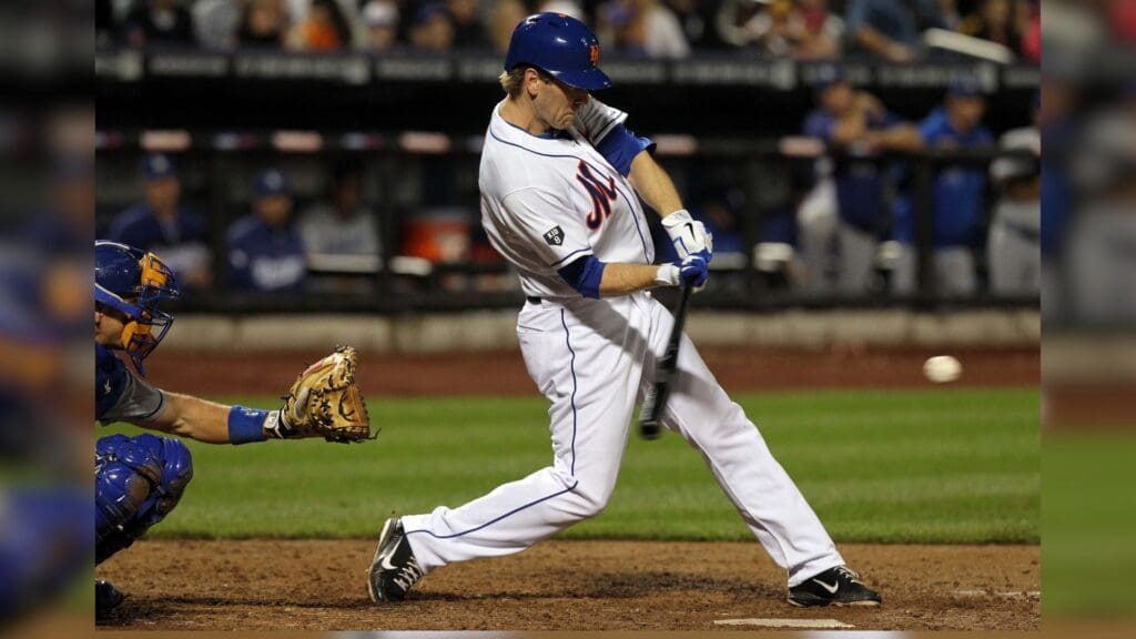 July 20, 2012; New York, NY, USA; New York Mets batter Jason Bay (44) hits a single during the seventh inning of a game against the Los Angeles Dodgers at Citi Field.