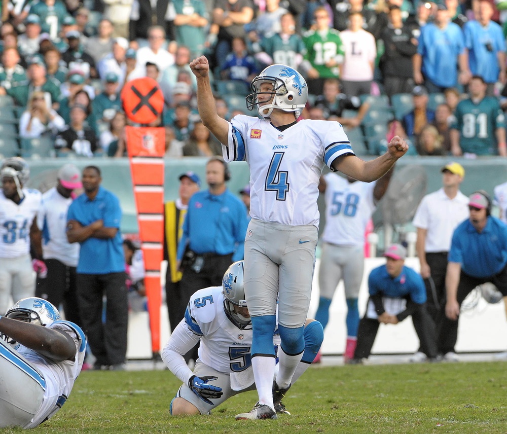 October 14, 2012; Philadelphia, PA USA; Detroit Lions kicker Jason Hanson (4) watches his 45-yard game winning field goal in overtime against the Philadelphia Eagles at Lincoln Financial Field in Philadelphia. The Lions defeated the Eagles 26-23 in overtime.