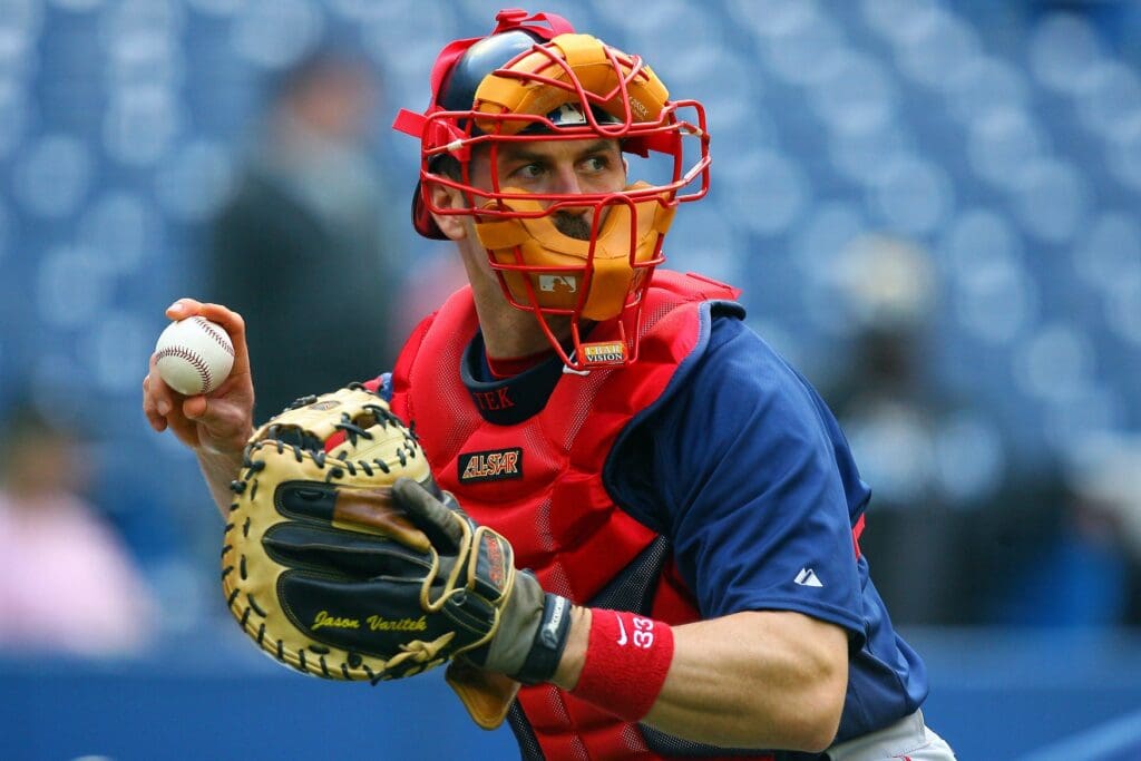 May 10, 2007; Toronto, ON, Canada; Boston Red Sox catcher (33) Jason Varitek warms up before playing against the Toronto Blue Jays at the Rogers Centre in Toronto, ON.