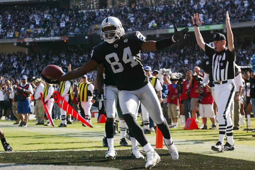Oct. 19, 2008; Oakland, CA, USA; Oakland Raiders wide receiver Javon Walker (84) celebrates after scoring a touchdown against the New York Jets in the third quarter at Oakland-Alameda County Coliseum in Oakland, CA. The Raiders defeated the Jets 16-13.