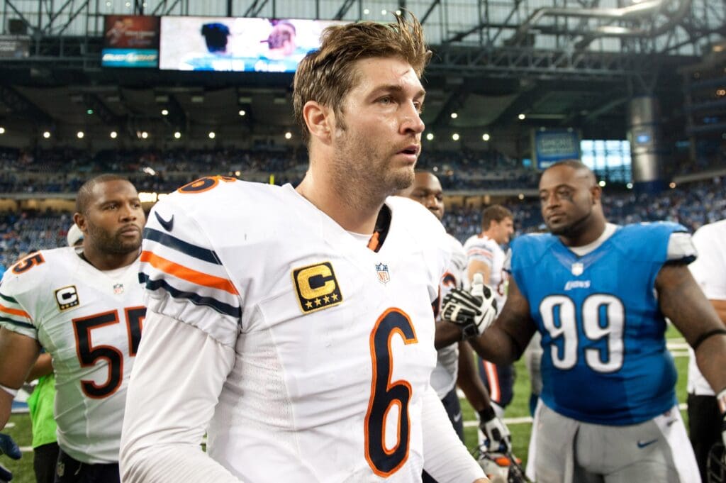 Sep 29, 2013; Detroit, MI, USA; Chicago Bears quarterback Jay Cutler (6) walks of the field after the game against the Detroit Lions at Ford Field. The Lions won 40-32.