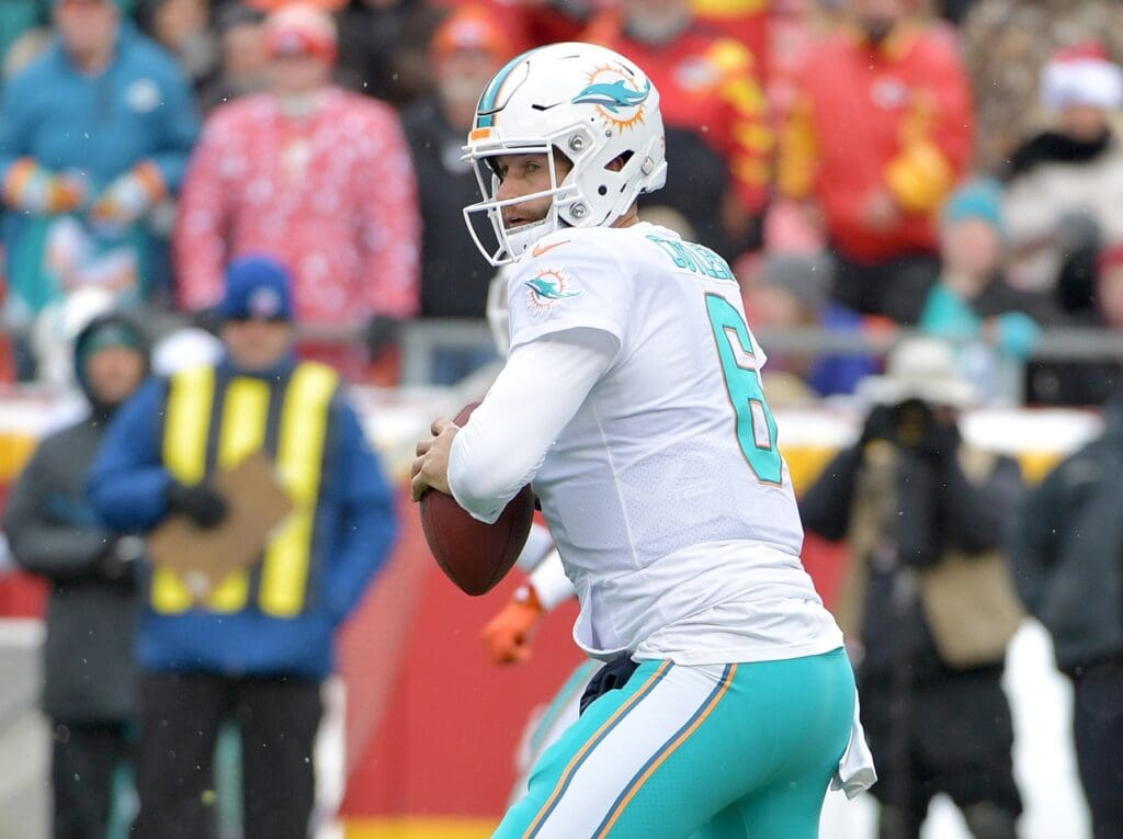 Dec 24, 2017; Kansas City, MO, USA; Miami Dolphins quarterback Jay Cutler (6) prepares to throw the ball during the first half against the Kansas City Chiefs at Arrowhead Stadium.