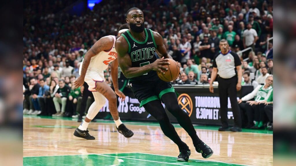 May 14, 2025; Boston, Massachusetts, USA; Boston Celtics guard Jaylen Brown (7) drives to the basket in the second half during game five of the second round for the 2025 NBA Playoffs against the New York Knicks at TD Garden.