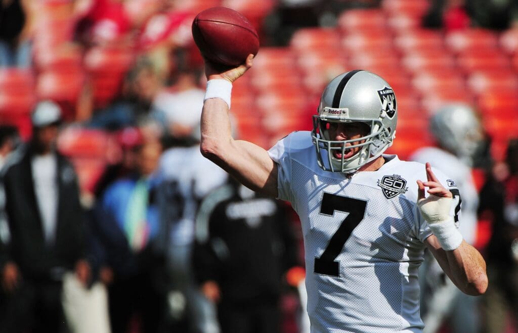 August 22, 2009; San Francisco, CA, USA; Oakland Raiders quarterback Jeff Garcia (7) passes during warm ups before the game against the San Francisco 49ers at Candlestick Park. Mandatory Credit: Kyle Terada-USA TODAY Sports