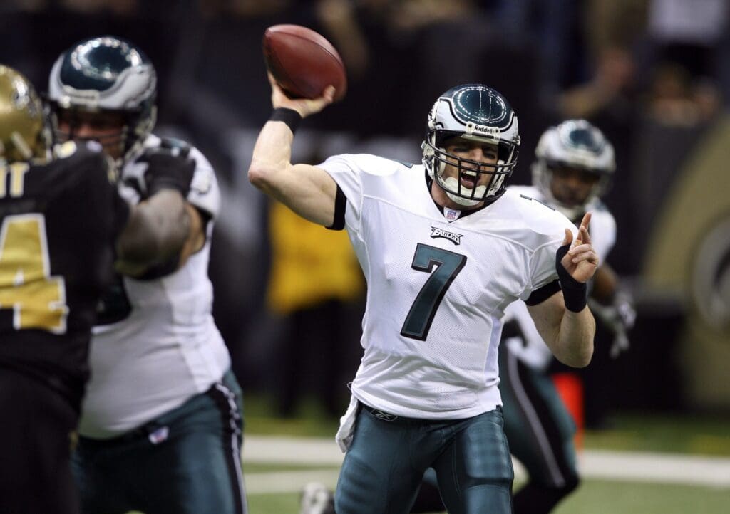 Jan. 13, 2007; New Orleans, LA, USA;  Philadelphia Eagles quarterback Jeff Garcia (7) throws a pass against the New Orleans Saints during the 1st quarter of the NFC Divisional Playoff game at the Louisiana Superdome in New Orleans, Louisiana.  