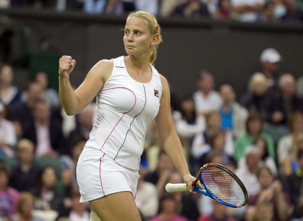 June 20, 2011; London, UNITED KINGDOM; Jelena Dokic (AUS) reacts during her match against Francesca Schiavone (ITA) on day one of the 2011 Wimbledon Championships at the All England Lawn Tennis Club. Mandatory Credit: Susan Mullane-USA TODAY Sports