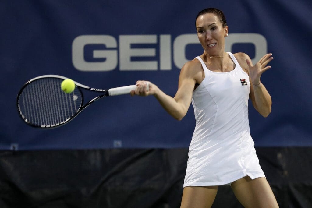 Jul 31, 2017; Washington, DC, USA; Jelena Jankovic of Serbia hits a forehand against Oceane Dodin of France (not pictured) on day one of the Citi Open at Fitzgerald Tennis Center. Dodin won 4-6, 6-3, 2-0 (ret'd).