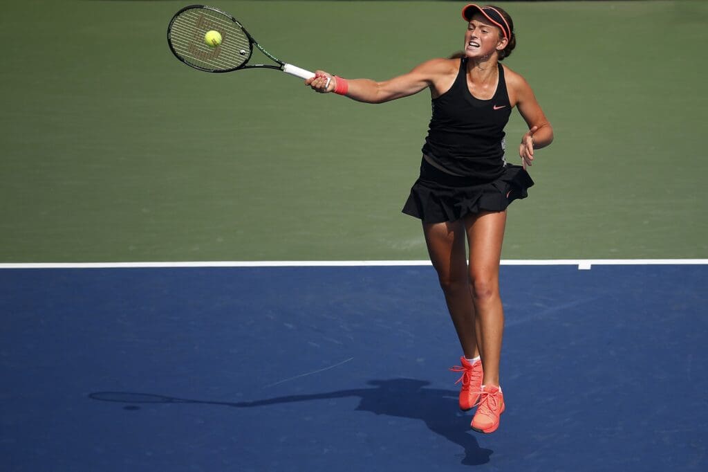 Sep 3, 2015; New York, NY, USA; Jelena Ostapenko of Latvia hits a forehand against Sara Errani of Italy (not pictured) on day four of the 2015 U.S. Open tennis tournament at USTA Billie Jean King National Tennis Center.