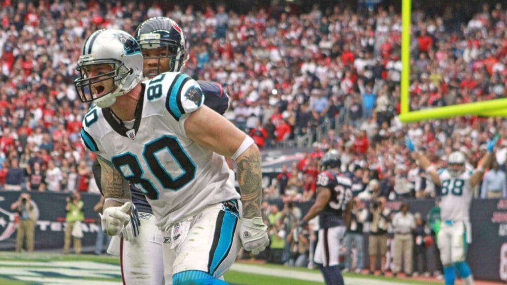 December 18, 2011; Houston, TX, USA; Carolina Panthers tight end Jeremy Shockey (80) celebrates a first half touchdown against the Houston Texans at Reliant Stadium.