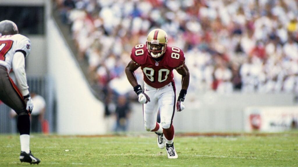 Aug 31, 1997; Tampa, FL, USA; FILE PHOTO; San Francisco wide receiver Jerry Rice (80) in action against the Tampa Bay Buccaneers at Houlihan's Stadium during the 1997 season.