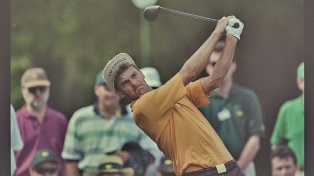 04/13/1997; Augusta, Georgia, USA; Jesper Parnevik uses a wood to driver the ball at the Augusta National Golf Course during the 1997 Masters.