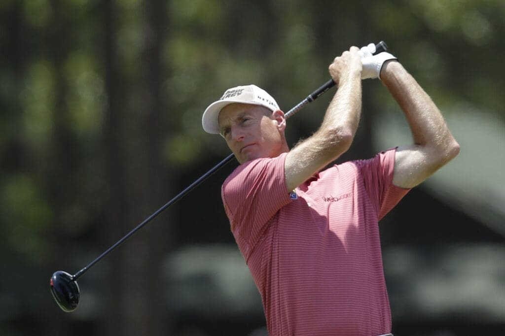 Jun 14, 2014; Pinehurst, NC, USA; Jim Furyk tees off on the 4th hole during the third round of the 2014 U.S. Open golf tournament at Pinehurst Resort Country Club - #2 Course.
