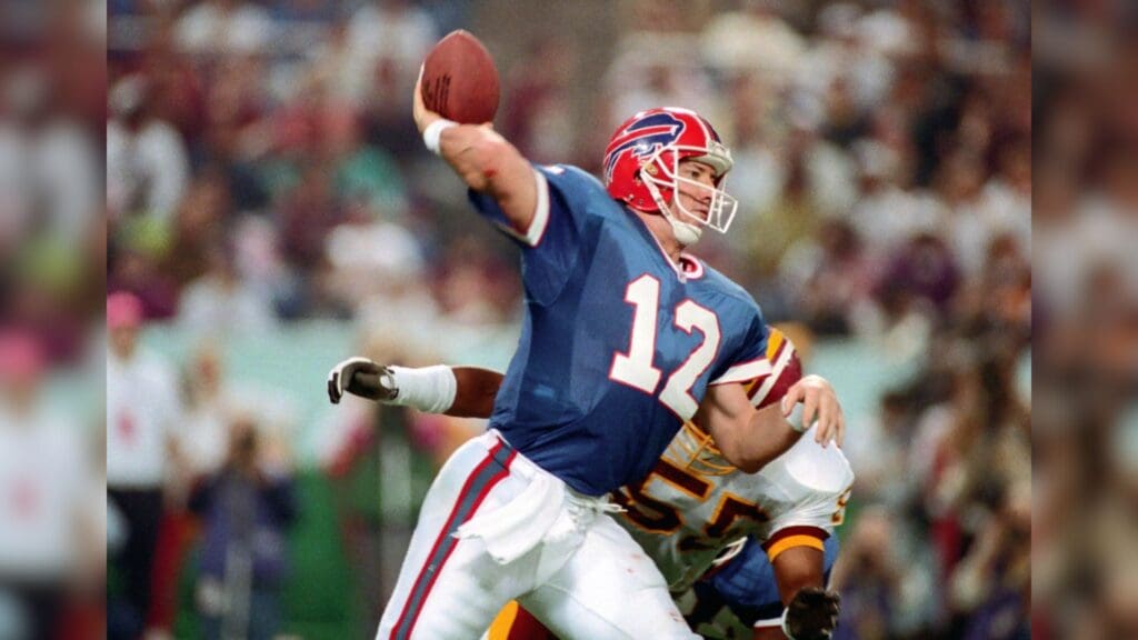 Jan 26, 1992; Minneapolis, MN, USA; FILE PHOTO; Buffalo Bills quarterback (12) Jim Kelly in action during Super Bowl XXVI against the Washington Redskins at The Metrodome. The Redskins defeated the Bills 37-24.