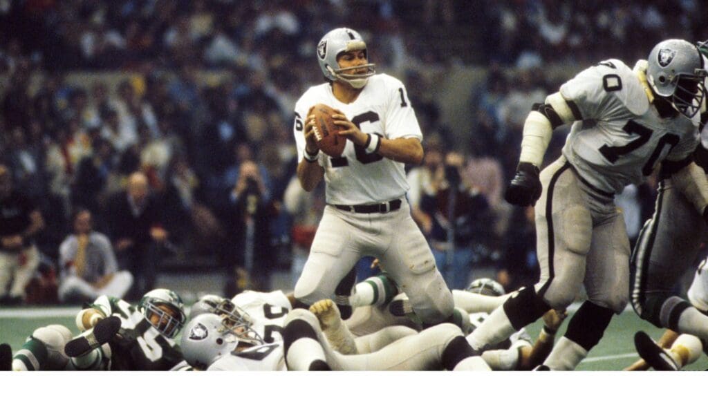 Jan 25, 1981; New Orleans, LA, USA; FILE PHOTO; Oakland Raiders quarterback Jim Plunkett (16) looking to throw against the Philadelphia Eagles in Super Bowl XV at the Superdome. The Raiders defeated the Eagles 27-10.
