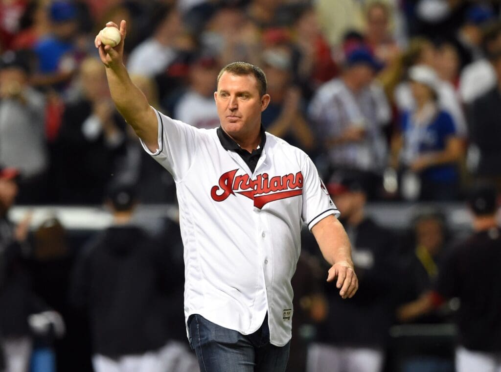 Nov 2, 2016; Cleveland, OH, USA; Cleveland Indians former player Jim Thome waves to the crowd before game seven of the 2016 World Series against the Chicago Cubs at Progressive Field. Mandatory Credit: Tommy Gilligan-USA TODAY Sports