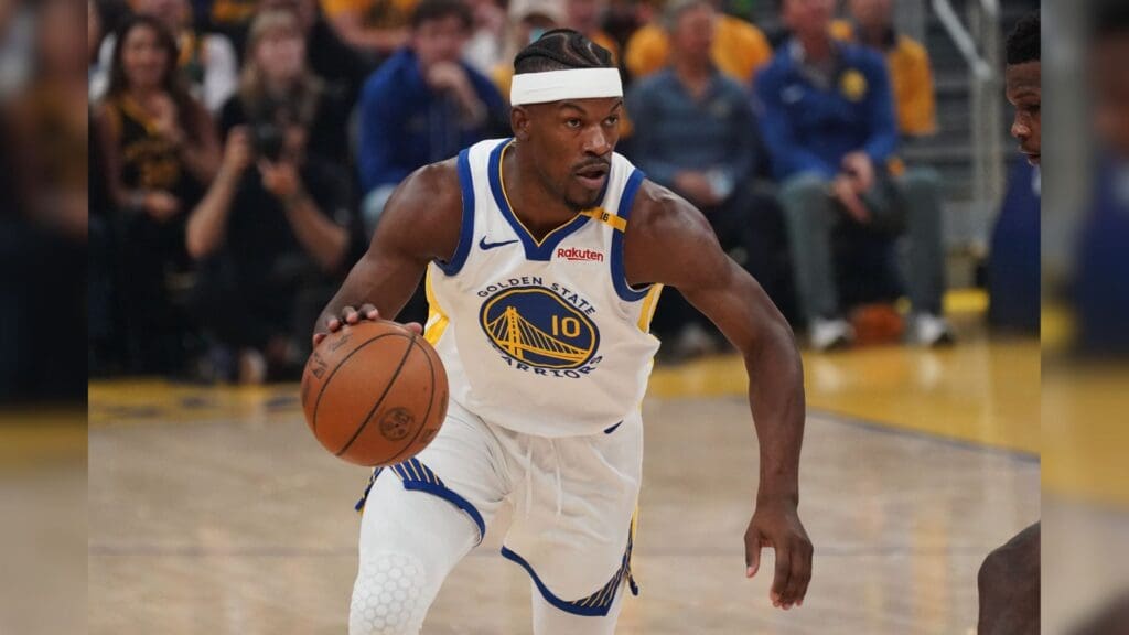 May 10, 2025; San Francisco, California, USA; Golden State Warriors forward Jimmy Butler III (10) dribbles upcourt against the Minnesota Timberwolves in the first quarter during game three of the second round for the 2025 NBA Playoffs at Chase Center.