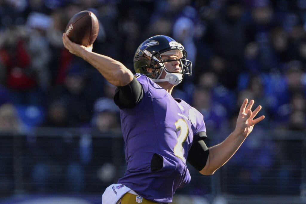 Dec 20, 2015; Baltimore, MD, USA; Baltimore Ravens quarterback Jimmy Clausen (2) throws during the first quarter against the Kansas City Chiefs at M&T Bank Stadium.
